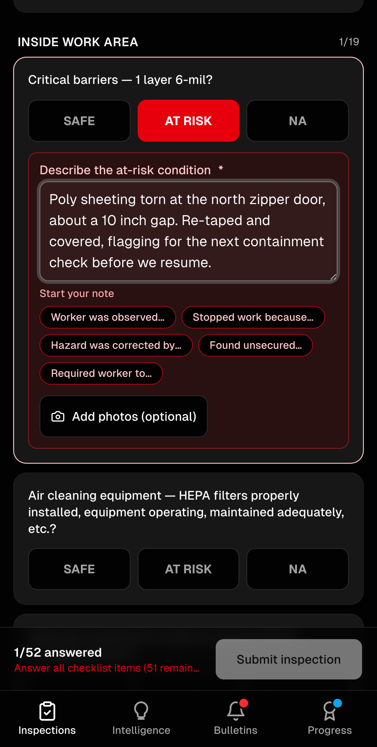 Aegis daily inspection on a phone with SAFE, AT RISK, and NA buttons and a required note on a flagged item