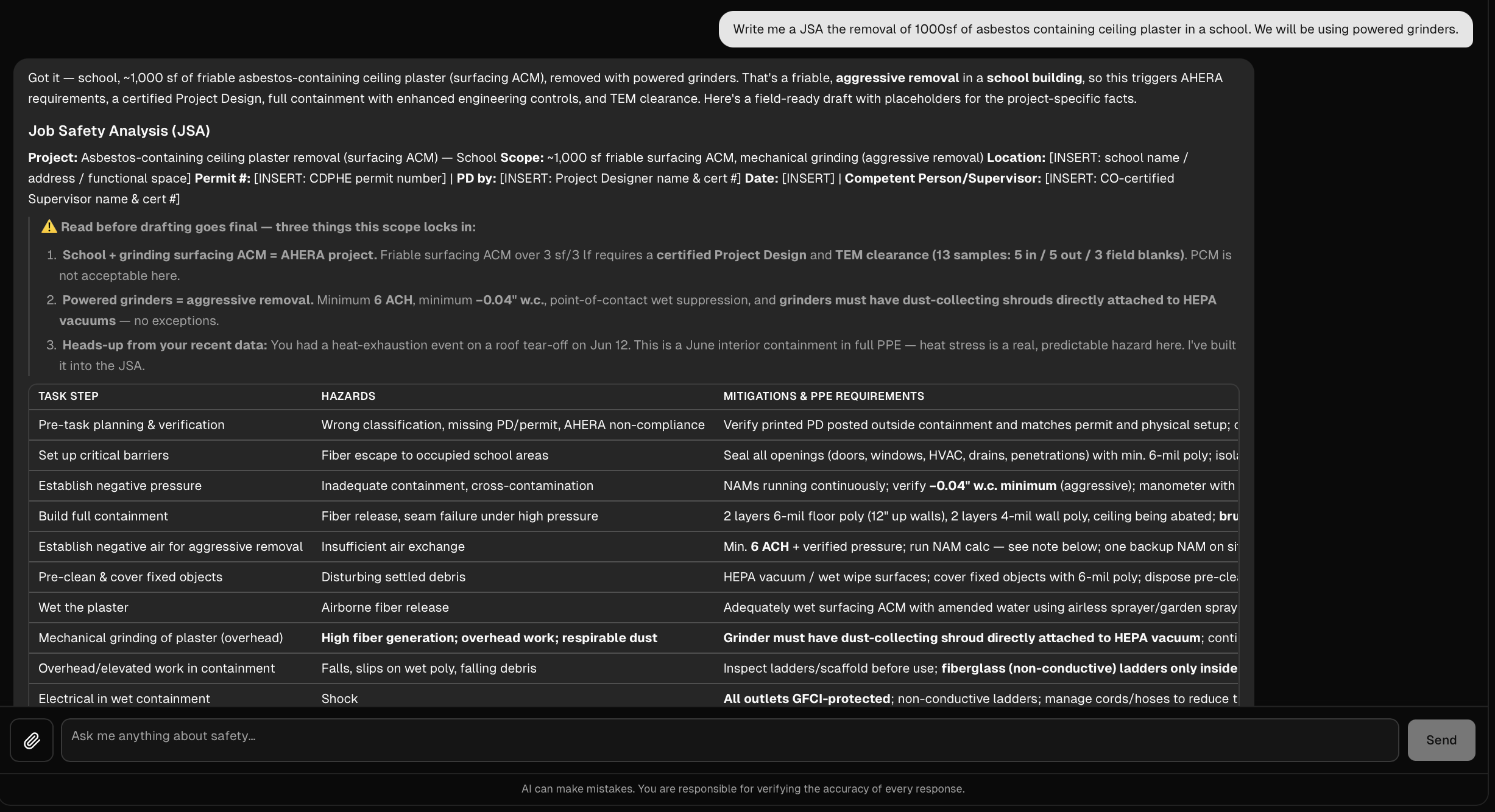 Aegis drafting a job hazard analysis table with task step, hazards, and mitigations with PPE