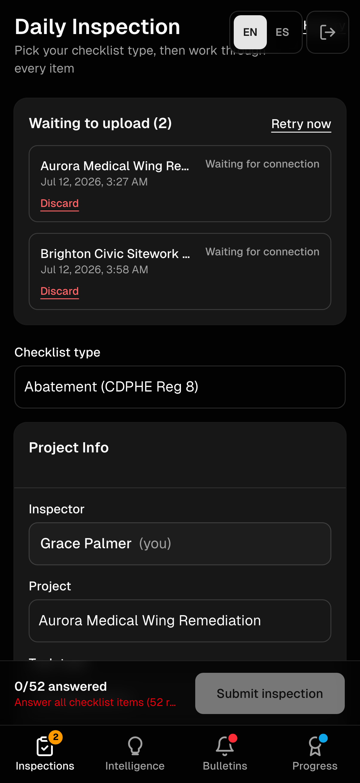 Aegis inspection on a phone with no connection, saved on the device and held in the upload queue while there is no signal