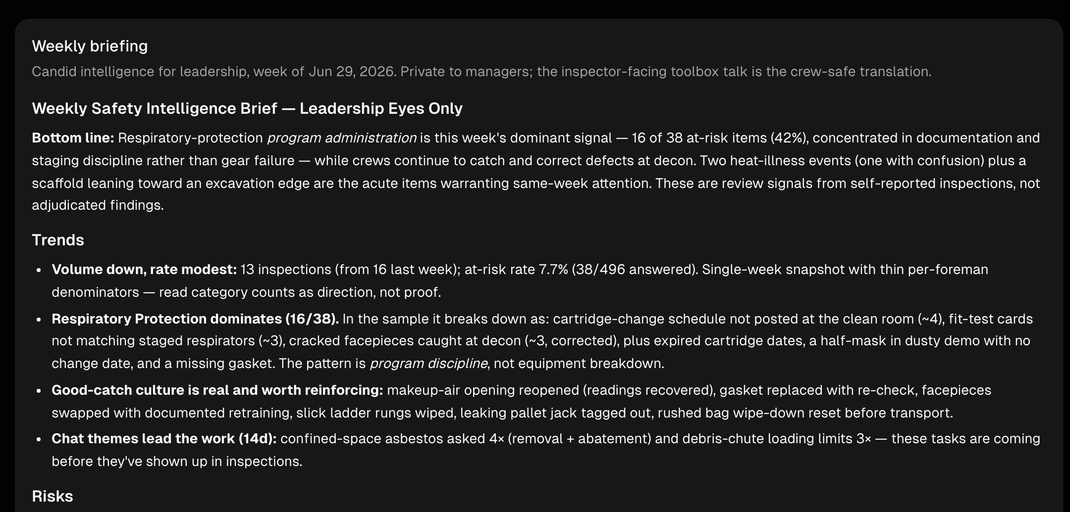Aegis weekly management briefing with a bottom line, trends, and risks to watch